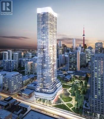 A tall, modern skyscraper with a curved design is the focal point of a cityscape.