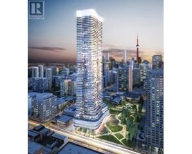A tall, modern skyscraper with a curved design is the focal point of a cityscape.
