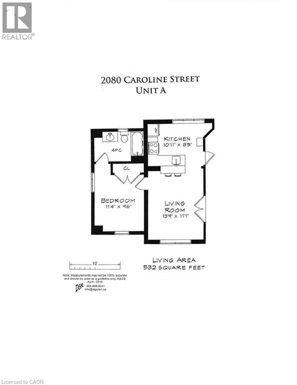 A floor plan for a unit at 2080 Caroline Street shows a living area, a bedroom, and a kitchen.