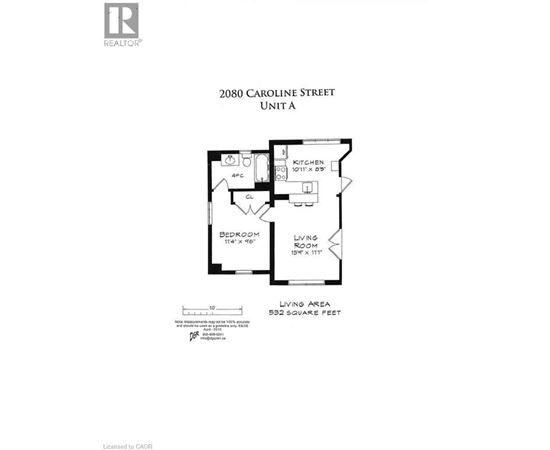 A floor plan for a unit at 2080 Caroline Street shows a living area, a bedroom, and a kitchen.