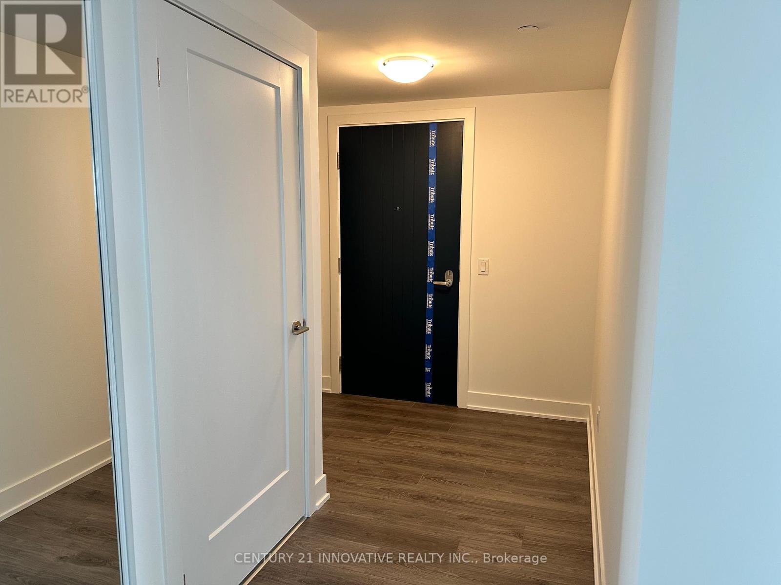 A room with a white door and a black door with a blue stripe.