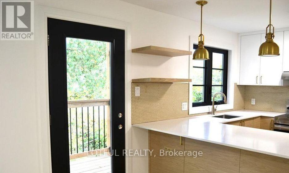 A kitchen with a white countertop and a black door.