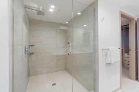 A modern bathroom with a walk-in shower and a glass door.
