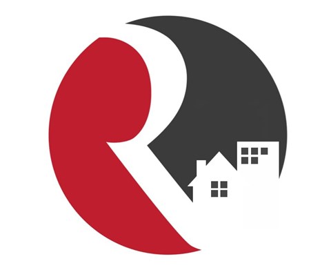 A logo with a red and black crescent shape with a house in the center.