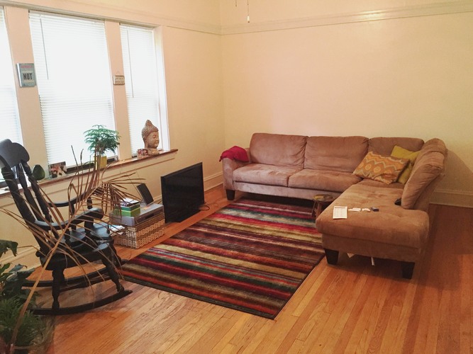 A living room with a brown couch, a chair, and a rug.