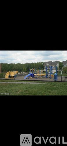 A playground with a blue slide and yellow slide.
