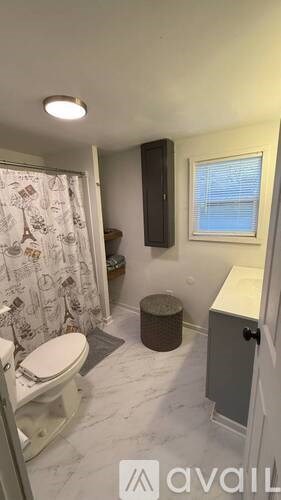 A bathroom with a toilet, a shower curtain with a pattern, a window with blinds, a trash can, and a cabinet.