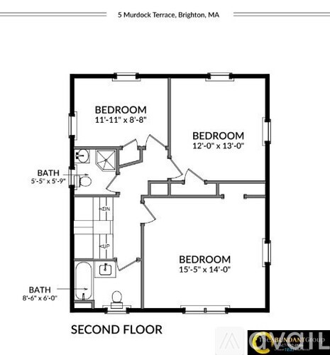 A floor plan of a second floor apartment with three bedrooms and two bathrooms.