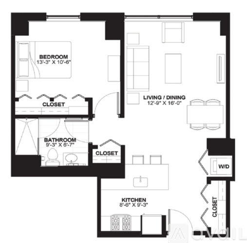 A black and white image of a floor plan for a house with a bedroom, living room, kitchen, and bathroom.