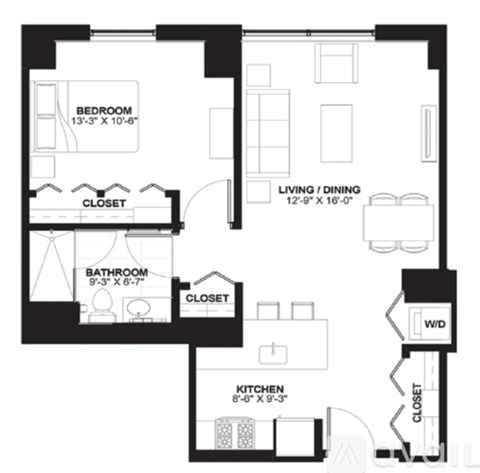 A black and white image of a floor plan for a house with a bedroom, living room, kitchen, and bathroom.