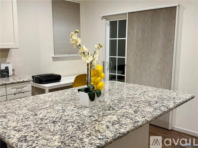 A kitchen counter with a vase of flowers and lemons on it.
