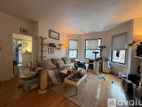 A living room with a couch, coffee table, and a rug.