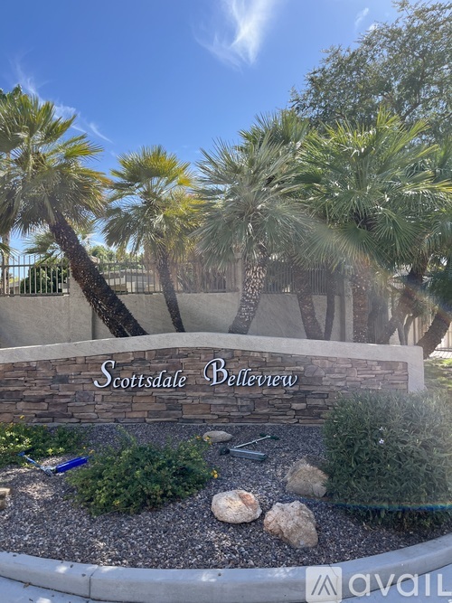 A sign that says "Scottsdale Belleview" in front of some palm trees.