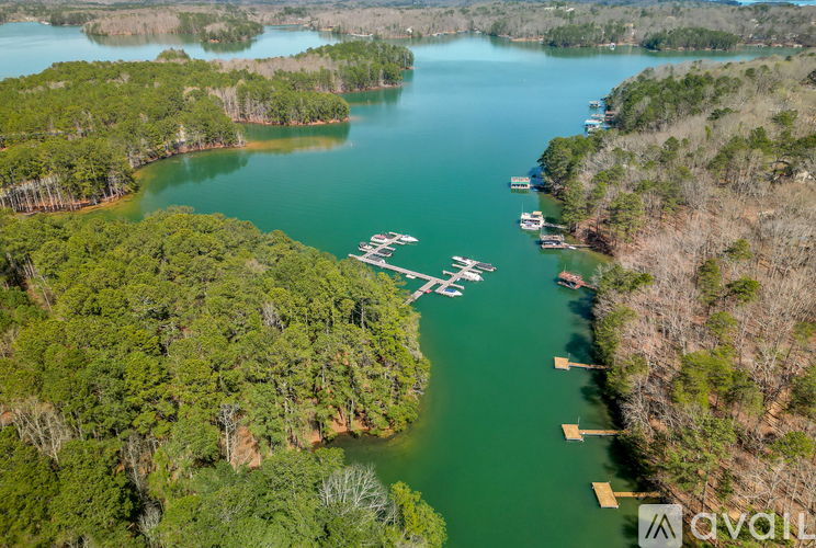 An aerial view of a lake surrounded by trees with boats docked at the pier.