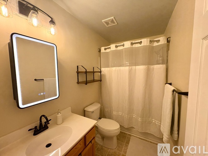 A bathroom with a white sink, toilet, and shower curtain.