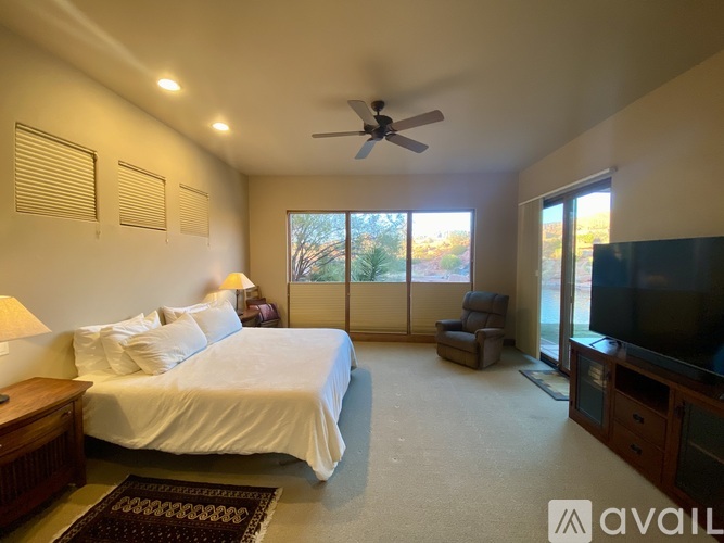 A bedroom with a large bed, a ceiling fan, and a television.