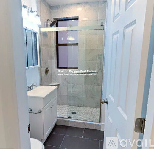 A bathroom with a walk in shower and a toilet.