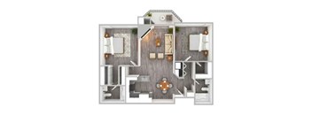 A floor plan of a house with a kitchen, living room, dining room, and two bedrooms.