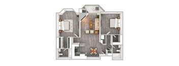 A 3D rendered image of a house layout.