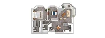 A top-down view of a house layout with a kitchen, living room, and bedrooms.
