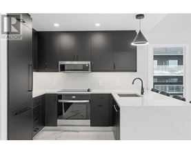 A modern kitchen with black cabinets and a white countertop.