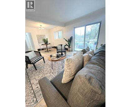 A living room with a grey sofa and a patterned rug.