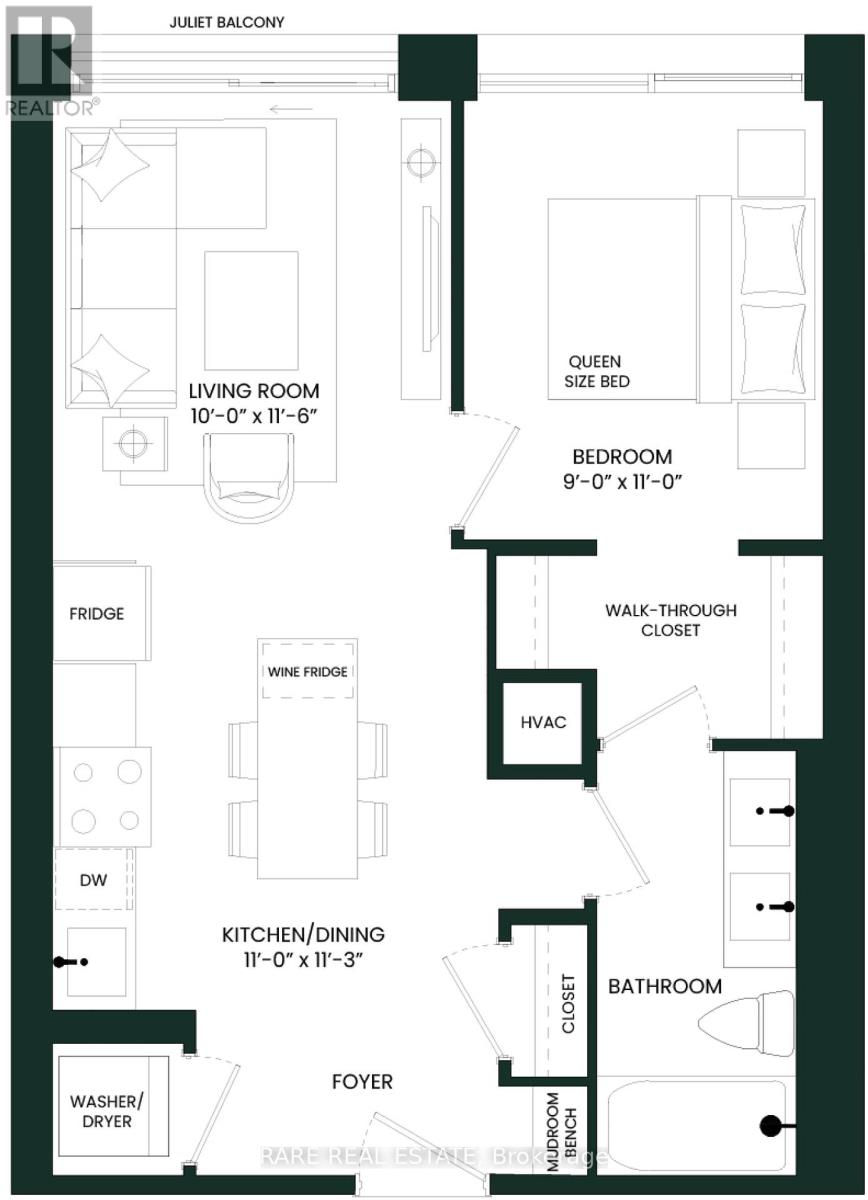 A floor plan of a residence with a living room, bedrooms, and a kitchen.