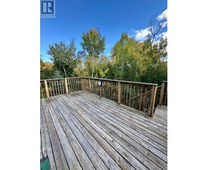 A wooden deck with a railing and trees in the background.