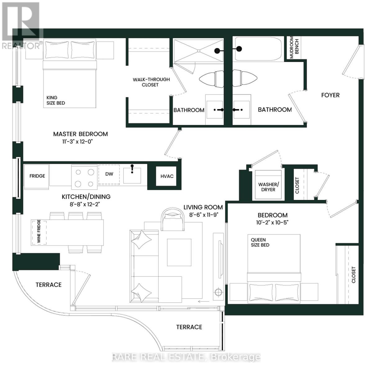 A floor plan of a house with a master bedroom, two bathrooms, a living room, a kitchen, a foyer, and a terrace.