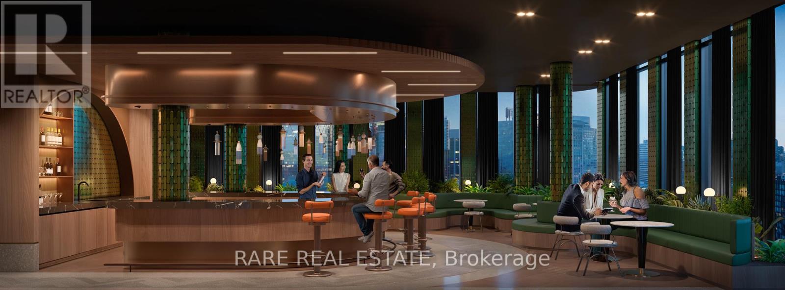 A modern interior space with people sitting and a sign that says "REALTOR".