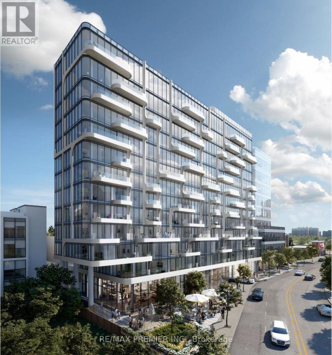 A modern multi-story building with a glass facade and balconies is depicted.