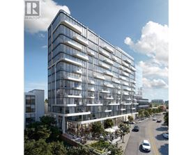 A modern multi-story building with a glass facade and balconies is depicted.