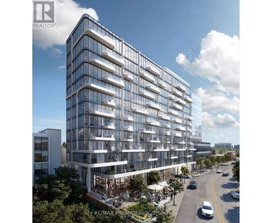 A modern multi-story building with a glass facade and balconies is depicted.