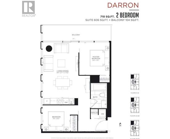 A floor plan for a 2 bedroom apartment with a balcony and a master bedroom.