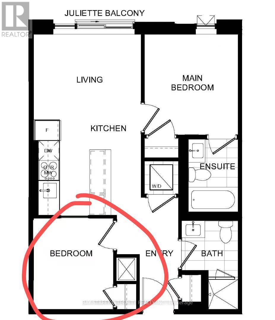 A floor plan of a Juliette balcony with a living room, kitchen, main bedroom, ensuite, and a bedroom.