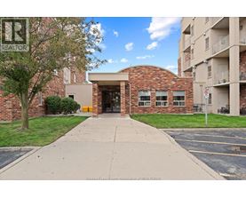 A brick building with a glass door and windows is in front of a parking lot.