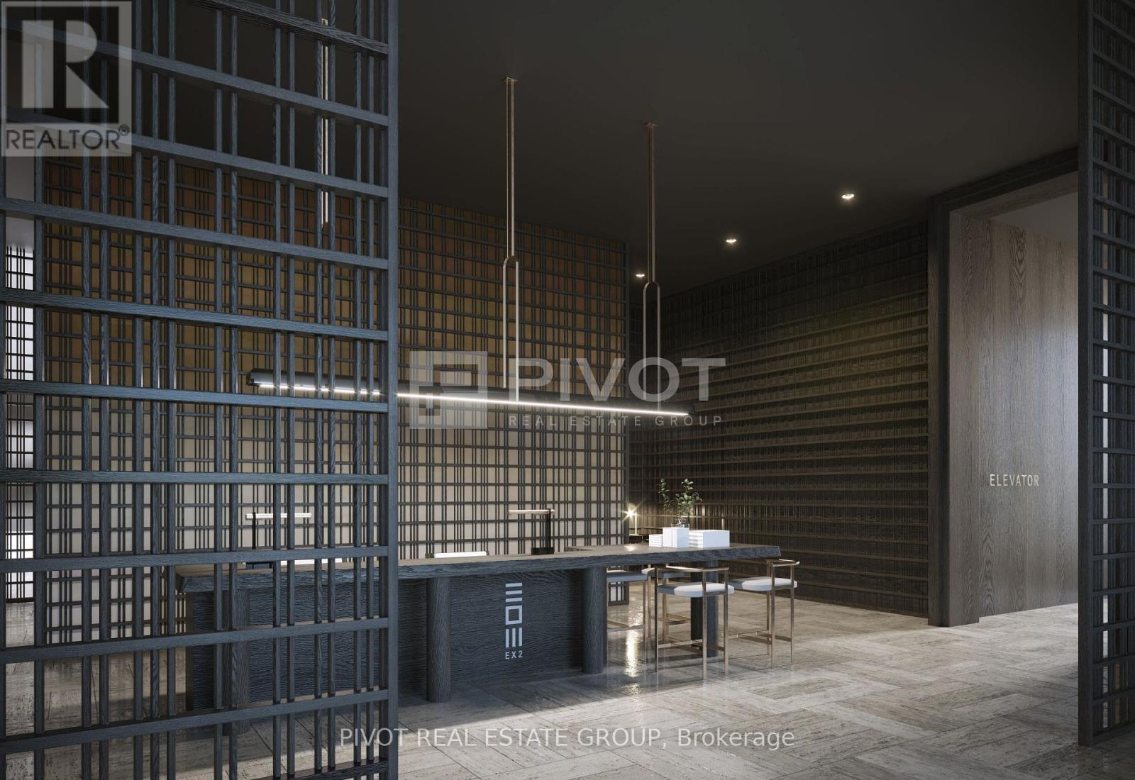 A modern interior space with a dining area and a bar.