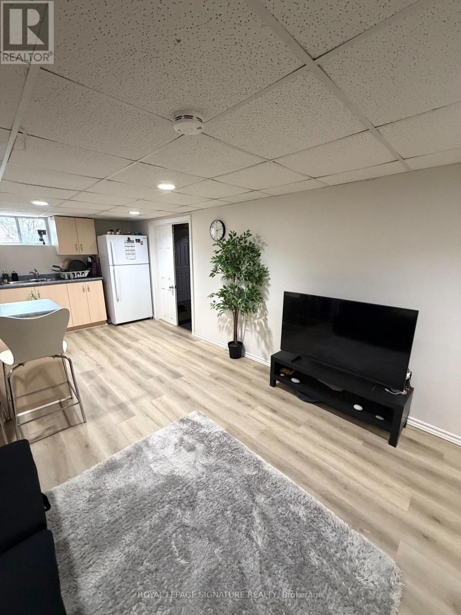 A living room with a grey rug and a black television.