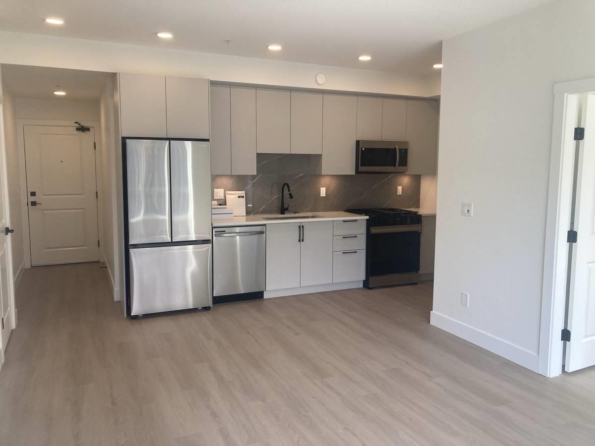 A kitchen with a refrigerator, dishwasher, and oven.