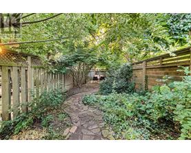 A garden pathway surrounded by green plants and trees.