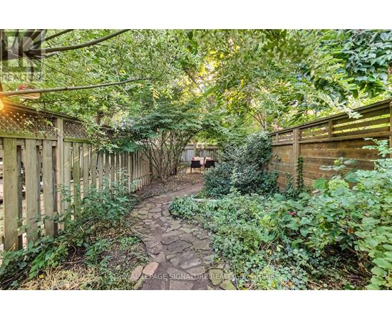 A garden pathway surrounded by green plants and trees.