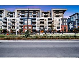 Apartment buildings with balconies line a street.