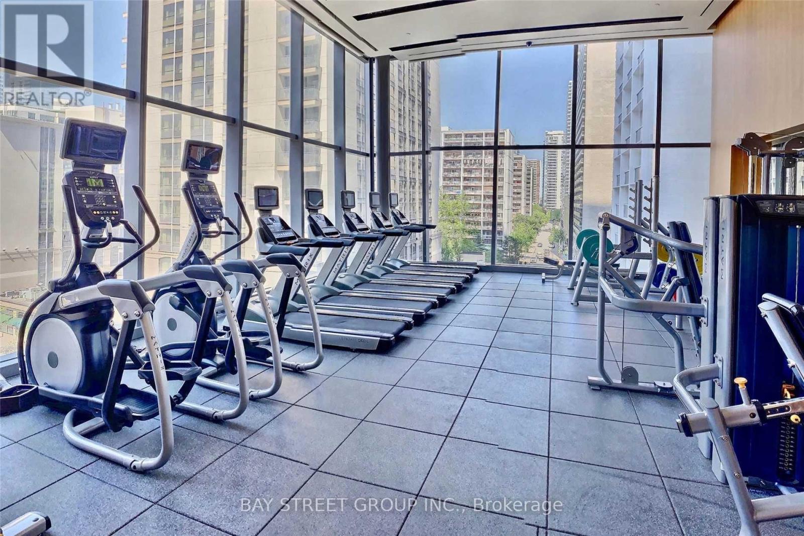 A gym with treadmills, elliptical machines and weights.