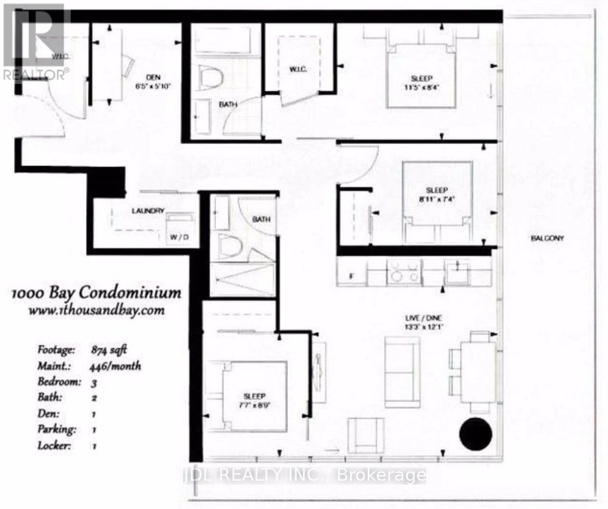 A floor plan for a 1000 Bay Condominium with a balcony and a laundry room.