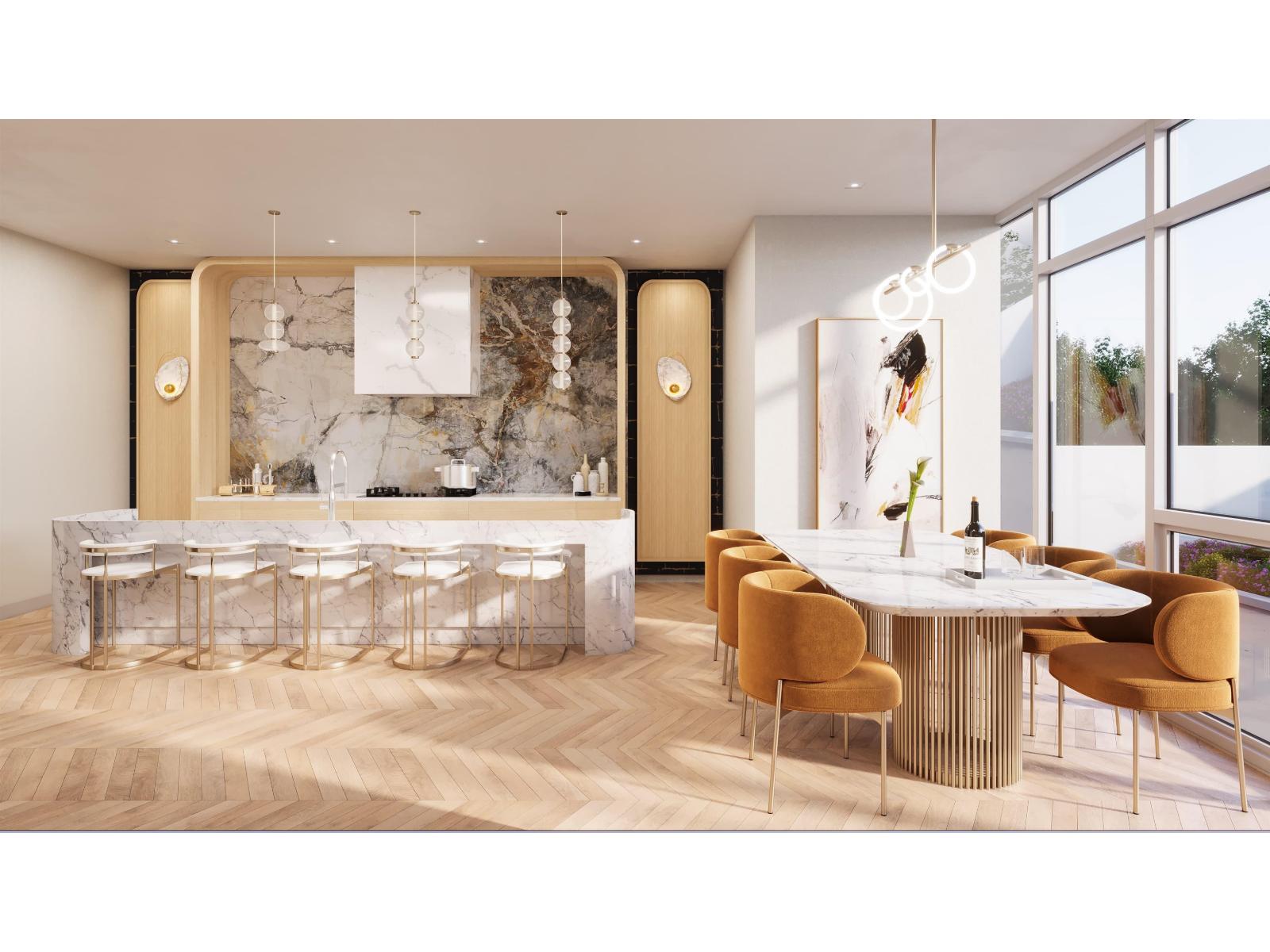 A modern dining room with a marble backsplash and wooden floors.