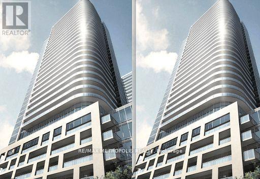 A modern building with a curved facade is shown in two different angles.