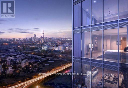 A real estate company's advertisement showing a cityscape from a high-rise building.