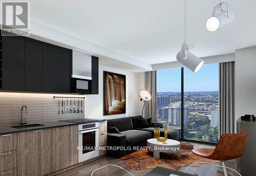 A modern kitchen with a view of the city.