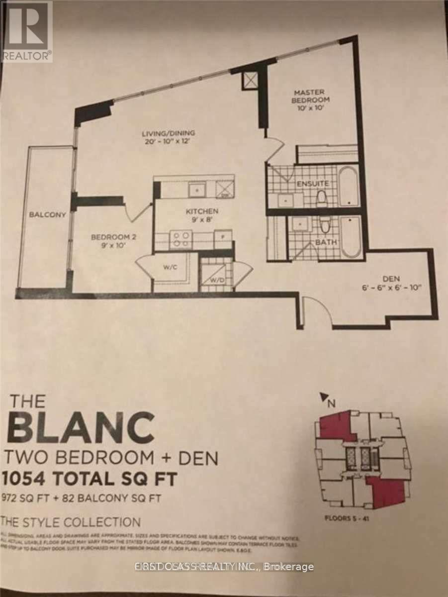 A real estate listing for a home called The Blanc, which is a two bedroom plus den property with a total of 1054 square feet, including 972 square feet for the main living space and 82 square