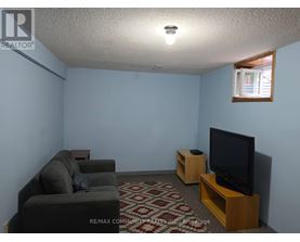 A living room with a grey couch, a black television, and a patterned carpet.